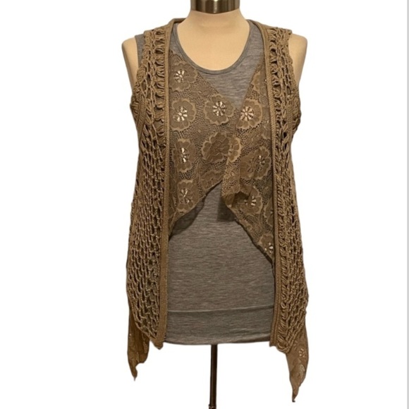easel Jackets & Blazers - Easel by Los Angeles Size Small Tan Crocheted Boho Vest